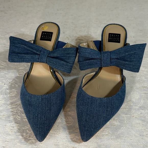 White House Black Market Denim Bow Pointed-Toe Mules – Size 7M - Picture 2 of 6